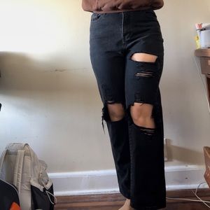 PRETTYLITTLETHING High Waisted Black Ripped Mom Jeans